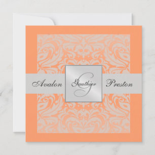 Silver & Peach Monogram Damask Border Invitation