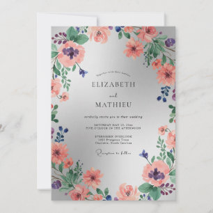 Silver Peach Watercolor Floral Wedding Invitation