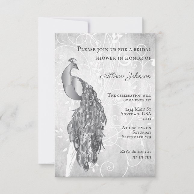 Silver Peacock Bridal Shower Invitation (Front)