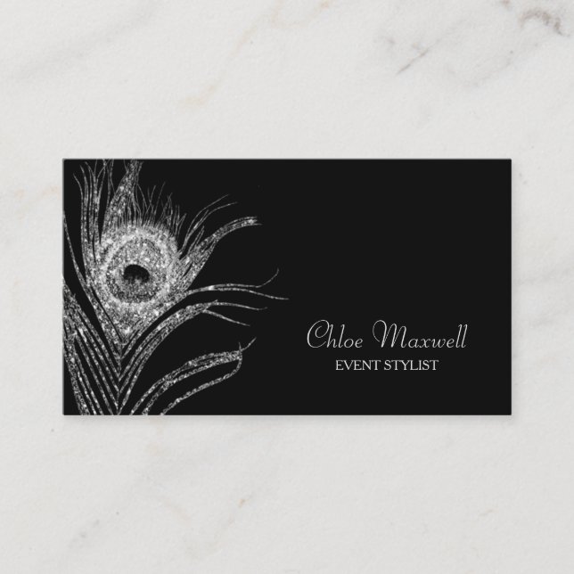 Silver Peacock Feather Minimalist Business Card (Front)