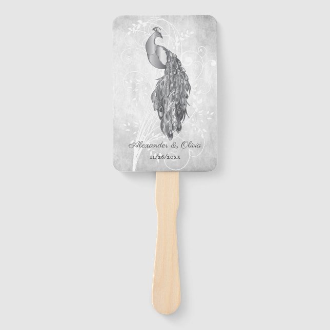 Silver Peacock Wedding Favour Hand Fan (Front)