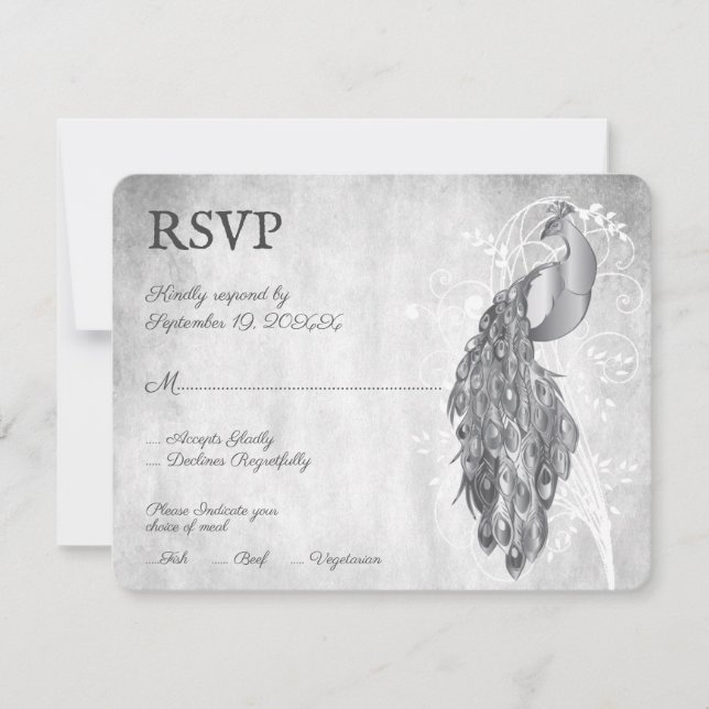 Silver Peacock Wedding RSVP Card (Front)