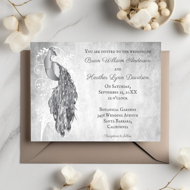Silver Peacock White Botanical Wedding Invitation (Silver Peacock Wedding Invitation)