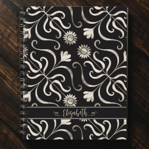 Silver Pearl Floral Damask Sunflower Classy Black Notebook