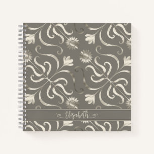 Silver & Pearl Floral Damask Sunflower Classy Grey Notebook