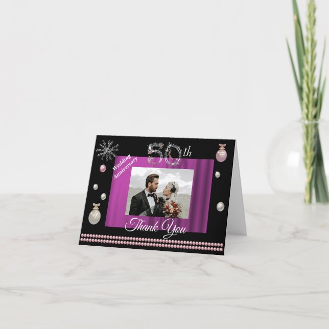 Silver Pearls 50th Wedding Anniversary Xmas Thanks Thank You Card (Front)