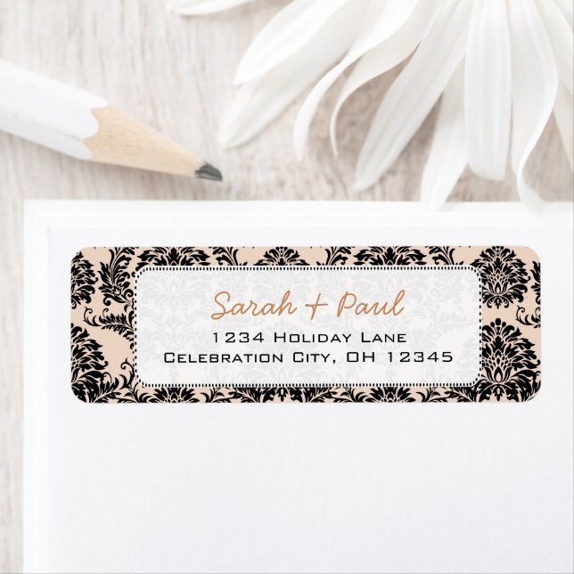 Silver Peony Black Damask Return Address Labels (Insitu)