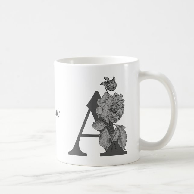 Silver Peony Elegant Monogram Initial A Name Coffee Mug (Right)