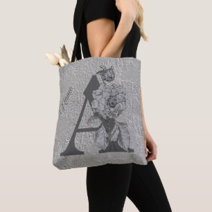 Silver Peony Elegant Monogram Initial A Name Tote Bag