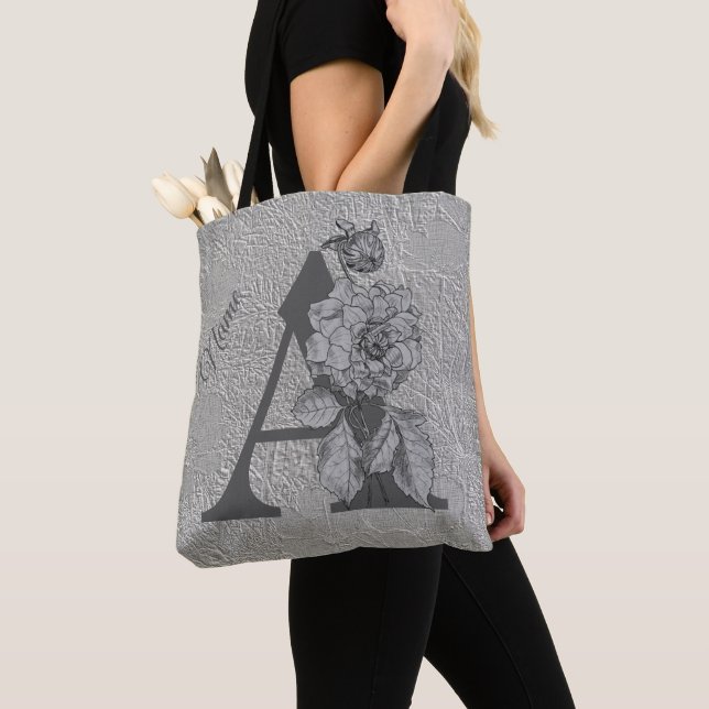 Silver Peony Elegant Monogram Initial A Name Tote Bag (Close Up)