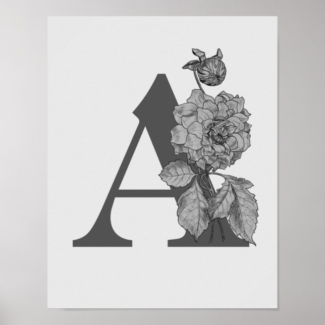 Silver Peony Elegant Monogram Initial A Poster (Front)