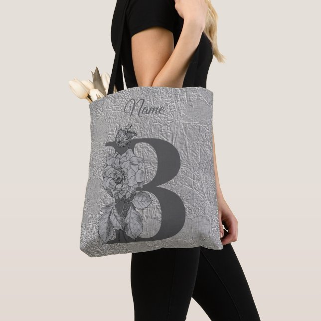Silver Peony Elegant Monogram Initial B Name       Tote Bag (Close Up)
