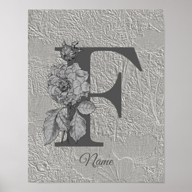 Silver Peony Elegant Monogram Initial F Your Name  Poster (Front)