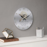 Silver Peony Frosted Glass Wedding Anniversary Large Clock<br><div class="desc">An elegant, personalised wedding anniversary keepsake clock featuring a hand-drawn sketch of a peony blossom with silver foil (this is a digital effect, not real foil) over a frosted glass background (this is also a digital effect); modern typography and a dash of modern calligraphy in the anniversary number. A nice...</div>