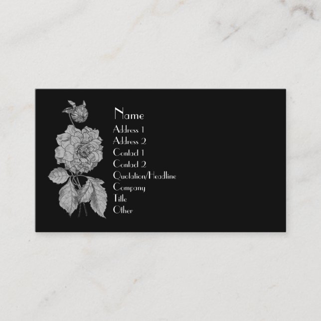 Silver Peony On Black Elegant Floral Business Card (Front)