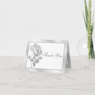 Silver Peony on White Thank You Card
