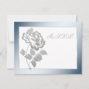 Silver Peony on White with Blue Reply Card