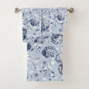 Silver & Periwinkle Blue Floral Toile Bath Towel Set