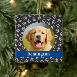 Silver Pet Paw Prints Blue Custom Dog Name Photo Ceramic Ornament