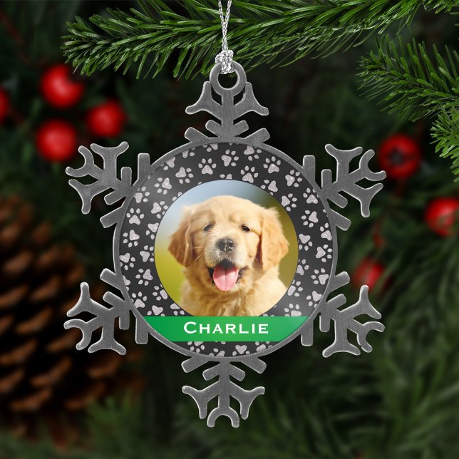 Silver Pet Paw Prints Green Custom Dog Name Photo Snowflake Pewter Christmas Ornament (Creator Uploaded)