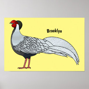 Silver pheasant bird cartoon illustration  poster