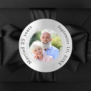 Silver photo 25th wedding anniversary classic round sticker