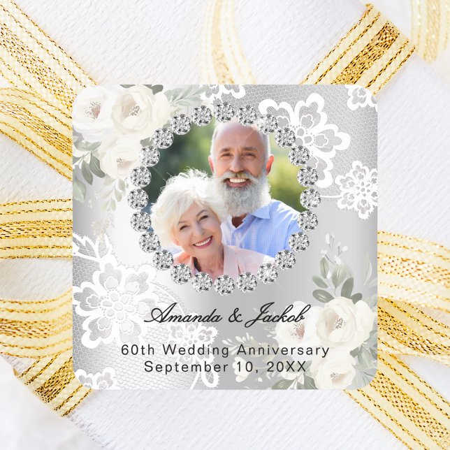 Silver photo 60th diamond wedding anniversary square sticker (Creator Uploaded)