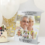 Silver photo collage birthday party welcome pedestal sign<br><div class="desc">Create your own unique photo collage. Use four,  4 of your favourite photo. Personalise and add a name and age. A faux silver looking background,  black text.</div>