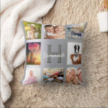 Silver photo collage monogram name cushion<br><div class="desc">A unique gift for a birthday, Christmas, mother's day, celebrating her life with a collage of 8 of your own photos, pictures. Personalise and add her name and monogram letter. A chic faux silver metallic looking background. The name is written with a modern hand lettered style script. Can also be...</div>