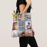 Silver photo collage monogram name tote bag<br><div class="desc">A unique gift for a birthday, Christmas, mother's day, celebrating her life with a collage of 8 of your own photos, pictures. Personalise and add her name and monogram letter. A chic faux silver metallic looking background. The name is written with a modern hand lettered style script. Can also be...</div>
