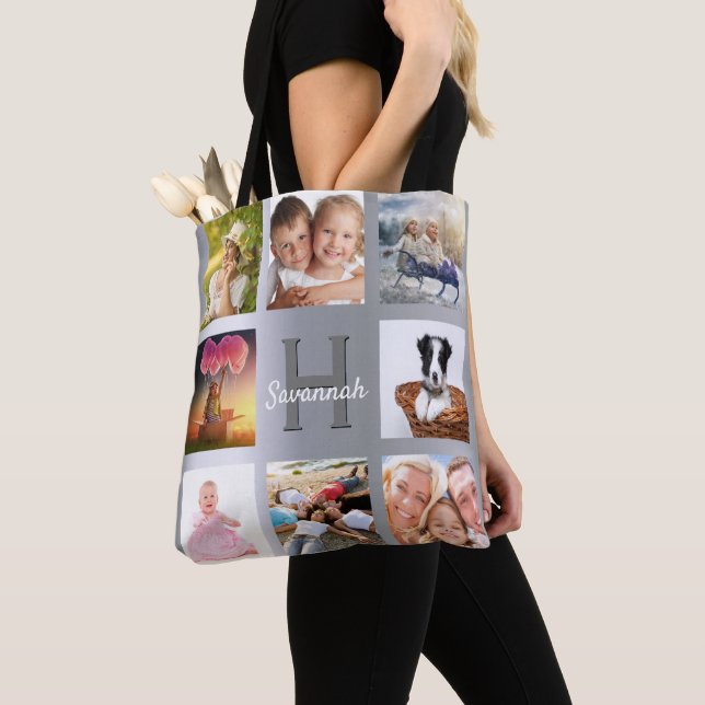 Silver photo collage monogram name tote bag (Close Up)