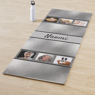 Silver photo collage name elegant script yoga mat