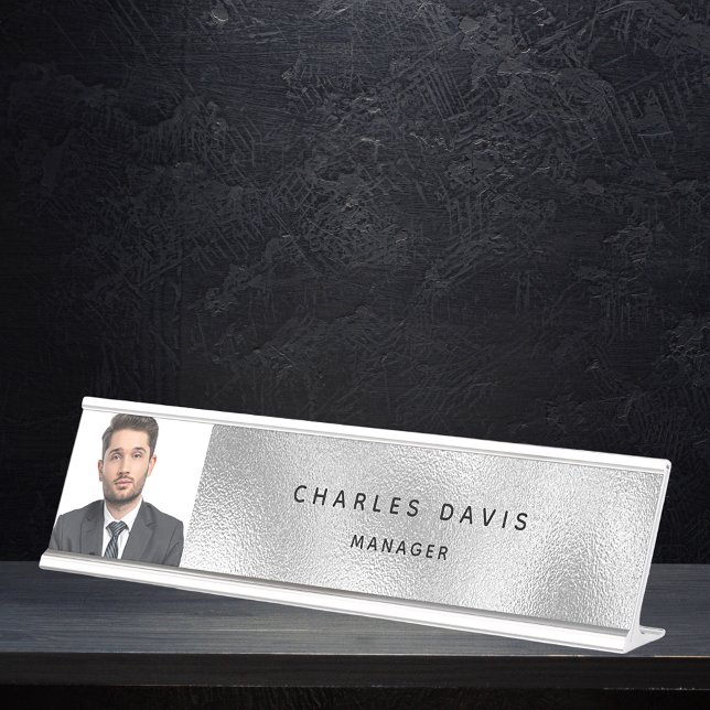 Silver photo elegant modern desk name plate (Creator Uploaded)