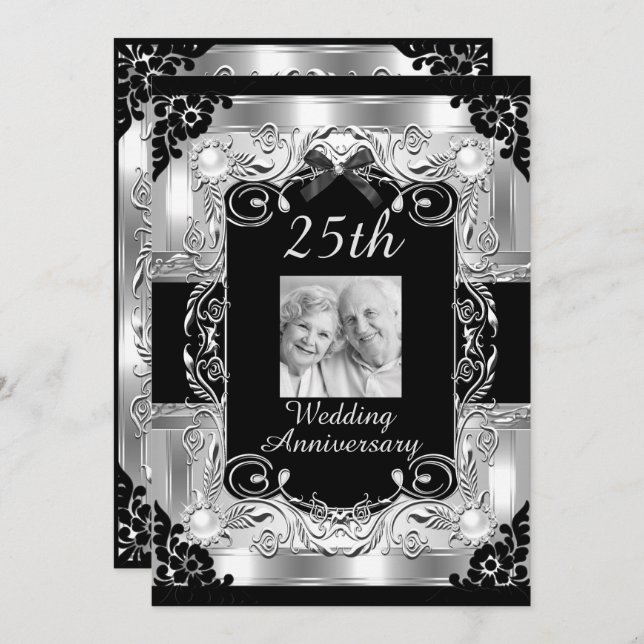 Silver Photo Floral 25th Wedding Anniversary Invitation (Front/Back)