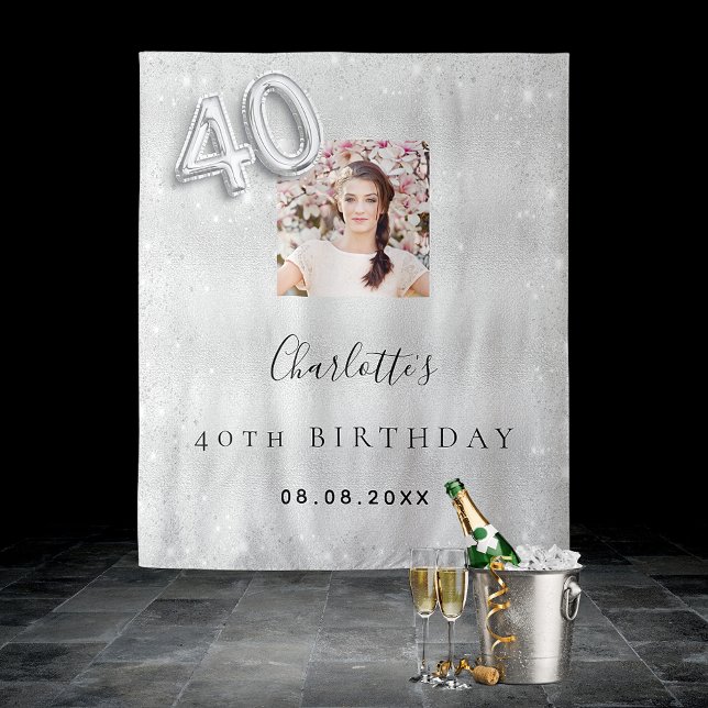 Silver photo glitter 40th birthday welcome tapestry (Creator Uploaded)