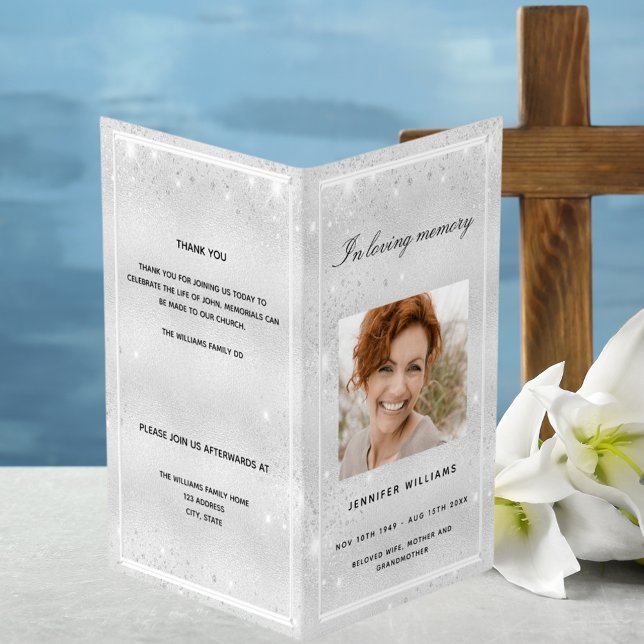 Silver photo glitter sparkles funeral program (Creator Uploaded)