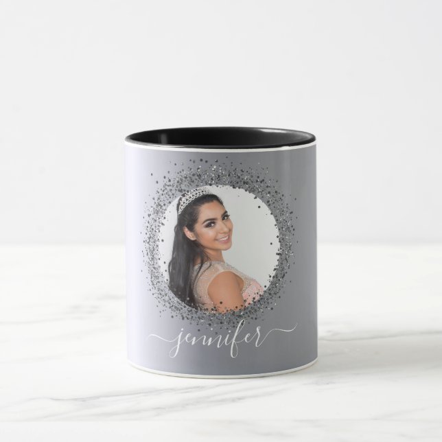 Silver photo name script glamourous mug (Center)