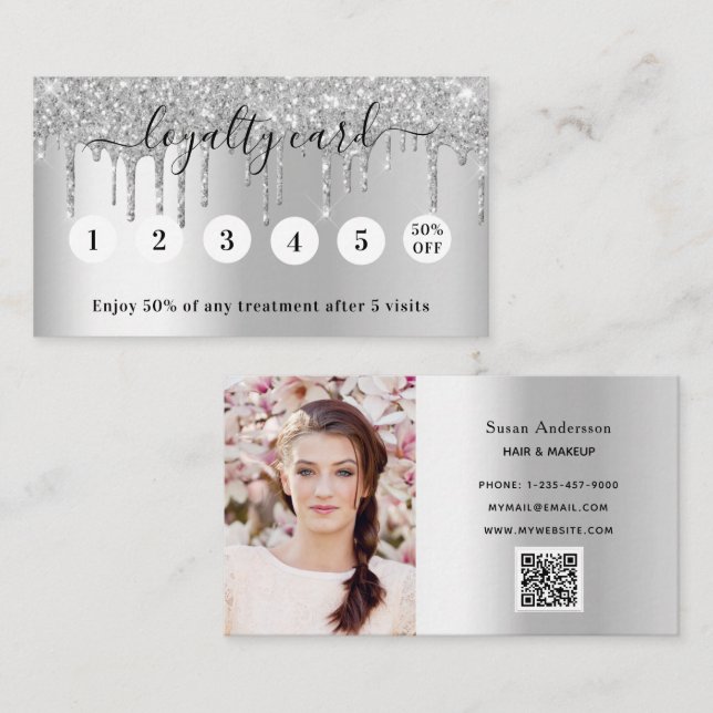 Silver photo QR code glitter drips elegant Loyalty Card (Front/Back)