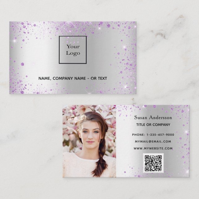 Silver photo QR code glitter dust female Business Card (Front/Back)