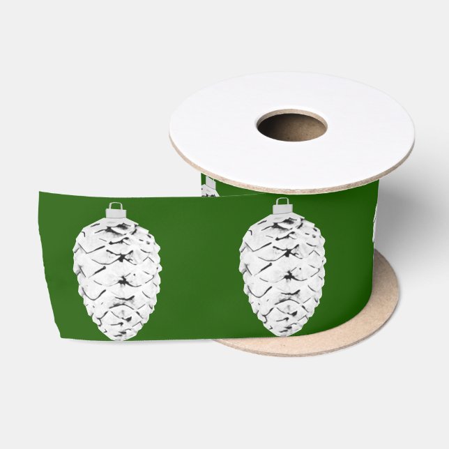 Silver Pinecone Green Ribbon Satin Ribbon (Spool)