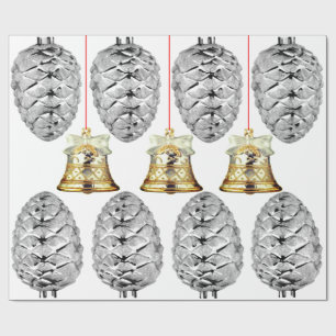 Silver Pinecones and Bells Wrapping Paper