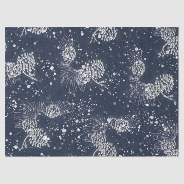 Silver Pinecones Snow Navy Blue Holiday Tissue Paper (Front)