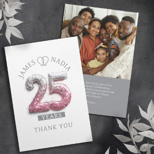 Silver pink 25th wedding anniversary custom photo thank you card
