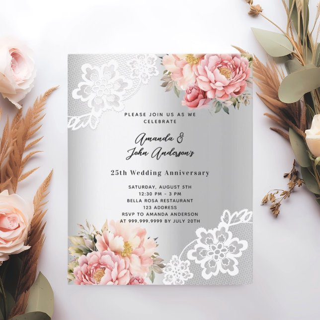 Silver pink 25th wedding anniversary invitation (Creator Uploaded)