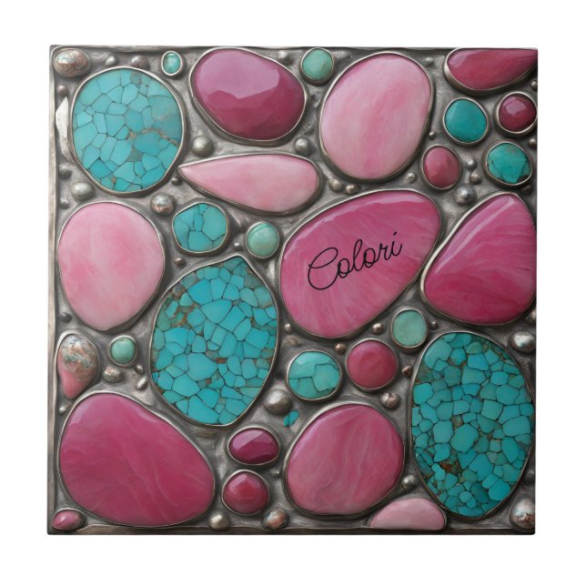 Silver Pink and turquoise pebble stones Tile (Front)