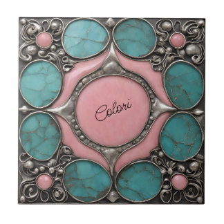 Silver Pink and turquoise  stone art Tile