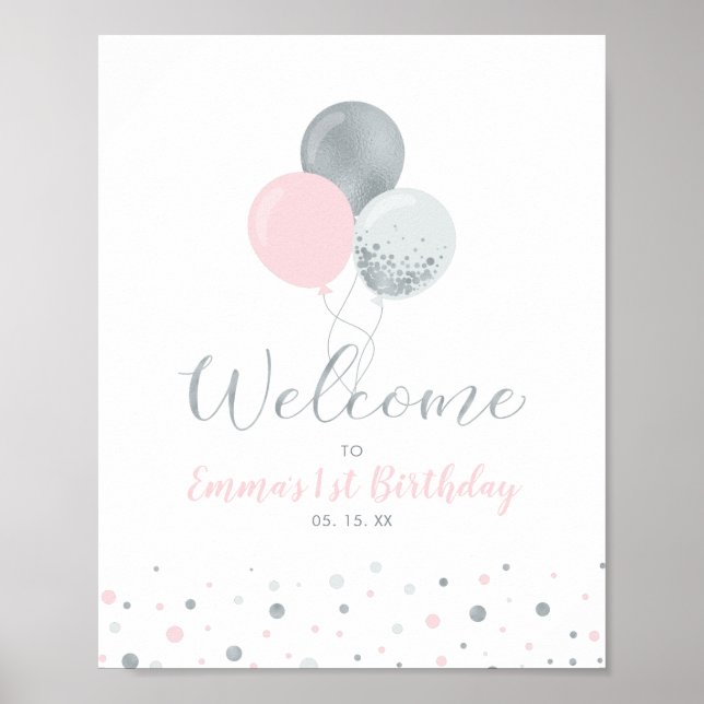 Silver & Pink Balloons | Girl 1st Birthday Welcome Poster (Front)