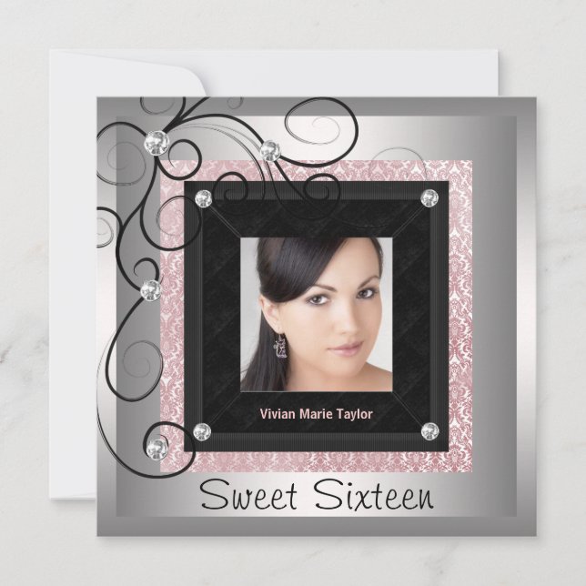 Silver Pink Black Damask Photo Sweet 16 Party Invitation (Front)