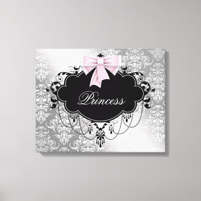 Silver Pink Black Damask Princess Canvas Print (Front)