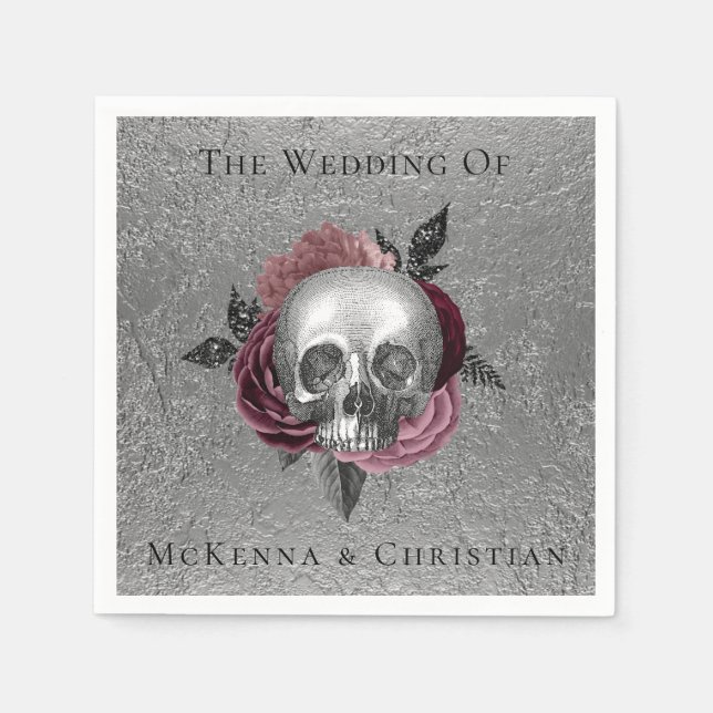 Silver Pink Black Skull Head Wedding Napkin (Front)